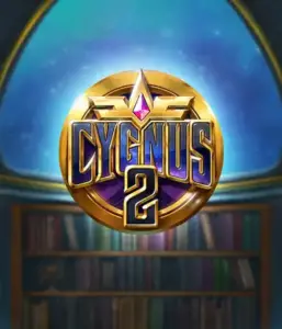 Explore the captivating visuals of ELK Studios' Cygnus 2 Slot, showcasing a luxurious golden emblem with a shining purple and gold design. With a backdrop of a starlit library setting, this image captures the theme of exploration and mystery. 